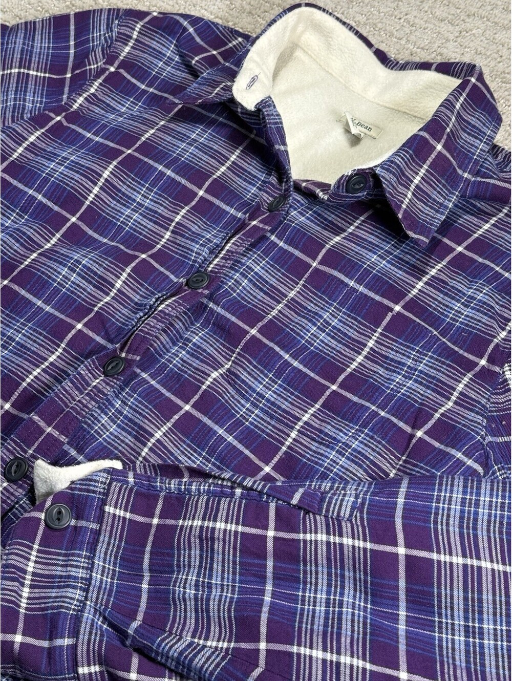 LL Bean Fleece Lined Flannel Shirt Womens Medium Purple Plaid Shacket 285013